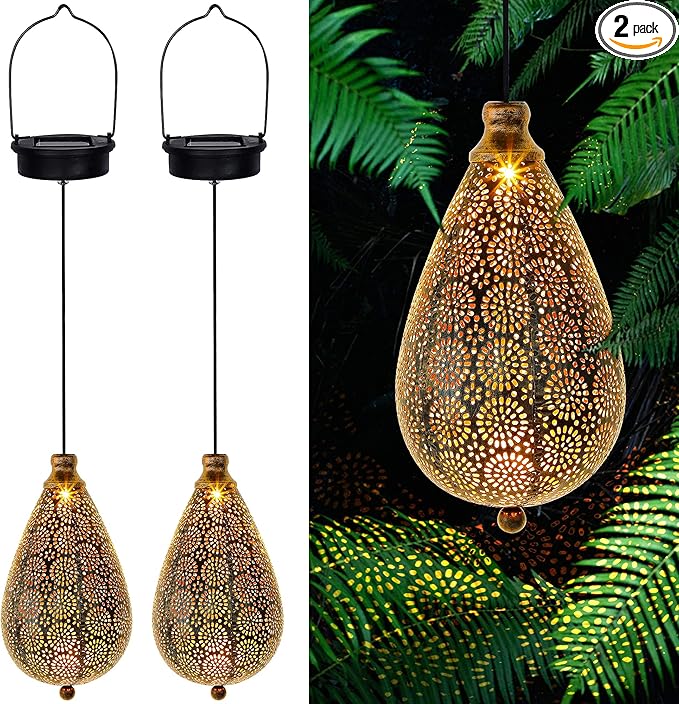 MAGGIFT 2 Pack Solar Hanging Lights, Solar Powered Decorative Retro Lantern with Handle, Warm White LED Christmas Garden Boho Flower Lights, Metal Drop Shape Waterproof Outdoor Yard Tree Fence Patio-BloomoryGarden