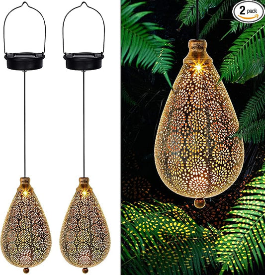 MAGGIFT 2 Pack Solar Hanging Lights, Solar Powered Decorative Retro Lantern with Handle, Warm White LED Christmas Garden Boho Flower Lights, Metal Drop Shape Waterproof Outdoor Yard Tree Fence Patio-BloomoryGarden