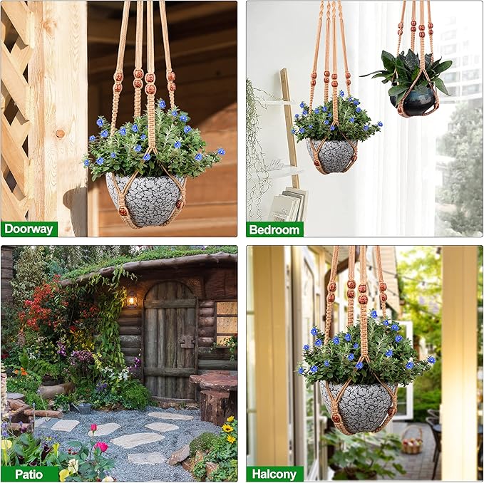 Macrame Plant Hanger for 5 to 10 Inch Plant Pots, Set of 2 Indoor Handmade 35 Inch Woven Rope Hanger Kits with Hooks and Wood Beads, Hanging Planter Basket Holder for Boho Home Decor (Brown, 2 Pack)-BloomoryGarden
