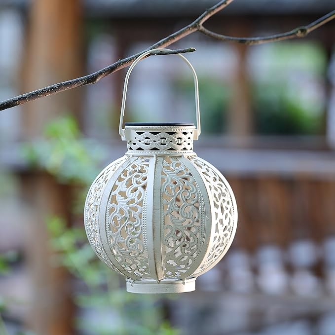 MAGGIFT 2 Pack Hanging Solar Lights for Outside,Solar Lanterns Outdoor Waterproof,Retro Hanging Lantern with Handle for Yard, Garden Decor, Gardening Gifts, Mom Birthday Gift, Beige White-BloomoryGarden