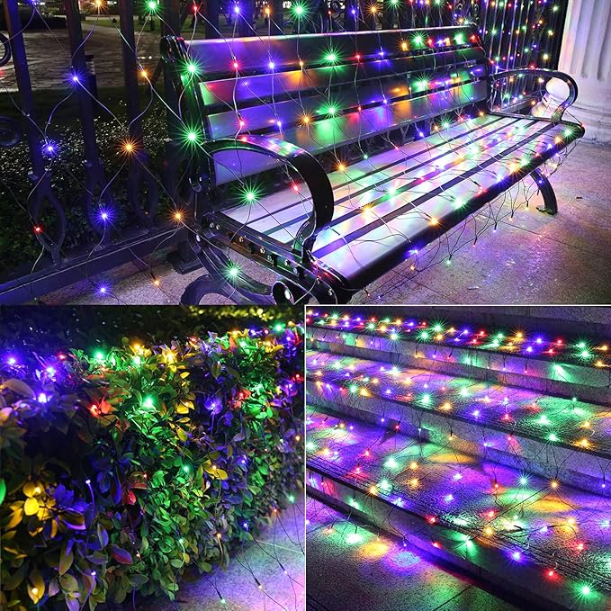 LYHOPE 12ft x 5ft 360 LED Christmas Net Lights, 8 Modes Low Voltage Green Wire Mesh Christmas Decorations Lights for Xmas Trees, Bushes, Wedding, Garden, Outdoor, Indoor Decor (Multicolor)-BloomoryGarden