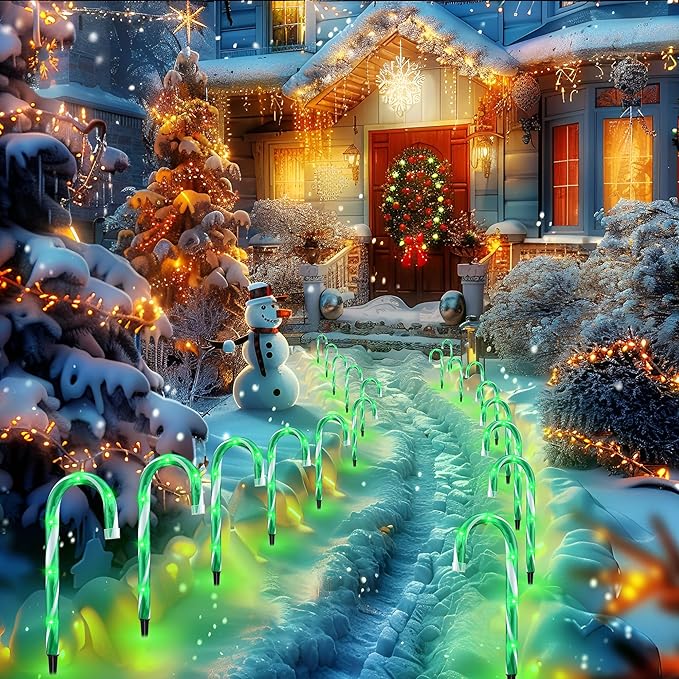 10" 10 Pack Christmas Candy Cane Lights, Candy Cane Lights with 10 Stakes for Walkway Patio Yard Patio Garden Festival Holiday Outdoor Indoor Landscape Path, Christmas Decorations Outside, Green-BloomoryGarden