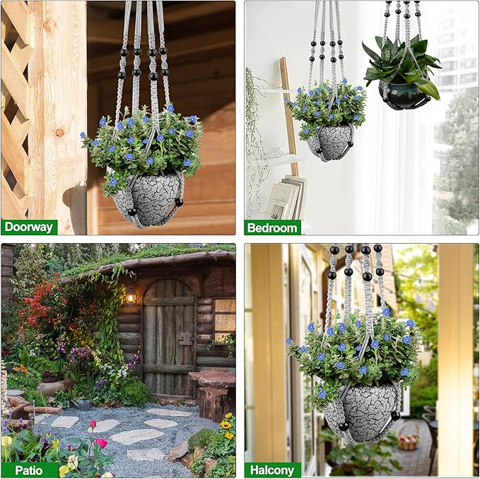 Macrame Plant Hanger for 5 to 10 Inch Plant Pots, Set of 2 Indoor Handmade 35 Inch Woven Rope Hanger Kits with Hooks and Wood Beads, Hanging Planter Basket Holder for Boho Home Decor (Grey, 2 Pack)-BloomoryGarden