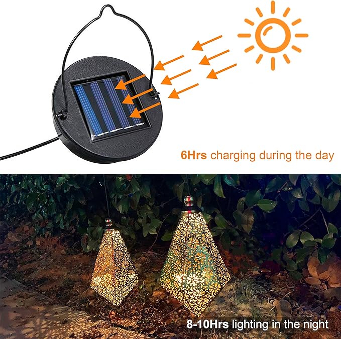 MAGGIFT 2 Pack Solar Hanging Lights, Solar Powered Retro Lantern with Handle, Warm White LED Christmas Garden Lights, Metal Diamond Shape Lamp Waterproof for Outdoor for Yard Tree Fence Patio-BloomoryGarden