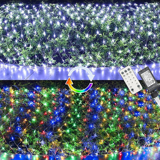 LYHOPE 12ft x 5ft 360 LED Christmas Net Lights, 11 Modes 30V Christmas Net Lights, Clear White-Multi Color Changing Mesh Decorative Net Lights for Xmas Tree Bush Wedding Garden Outdoor Indoor Decor-BloomoryGarden