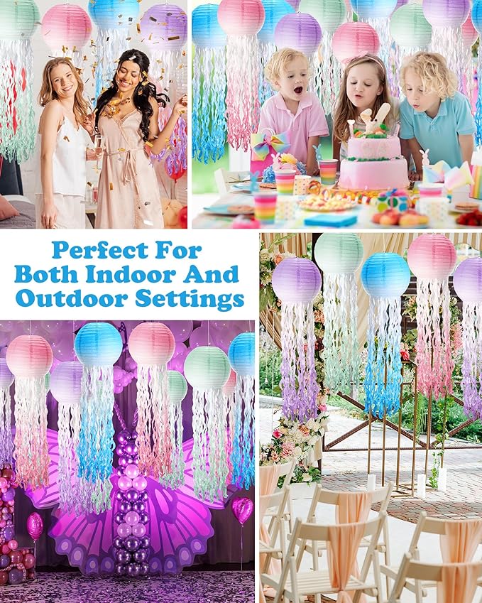 18 Pcs Jellyfish Paper Lanterns Mermaid Birthday Decorations Hanging Lantern Lamps for Ocean Theme Decor Under The Sea Party Supplies(Gradient Color)-BloomoryGarden