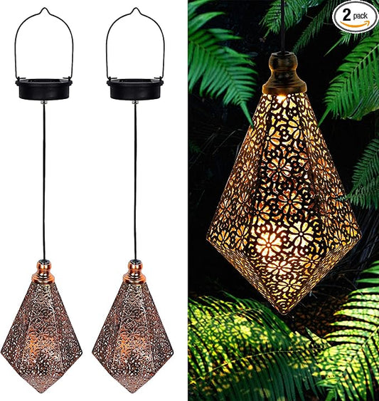 MAGGIFT 2 Pack Solar Hanging Lights, Solar Powered Retro Lantern with Handle, Warm White LED Christmas Garden Lights, Metal Diamond Shape Lamp Waterproof for Outdoor for Yard Tree Fence Patio-BloomoryGarden