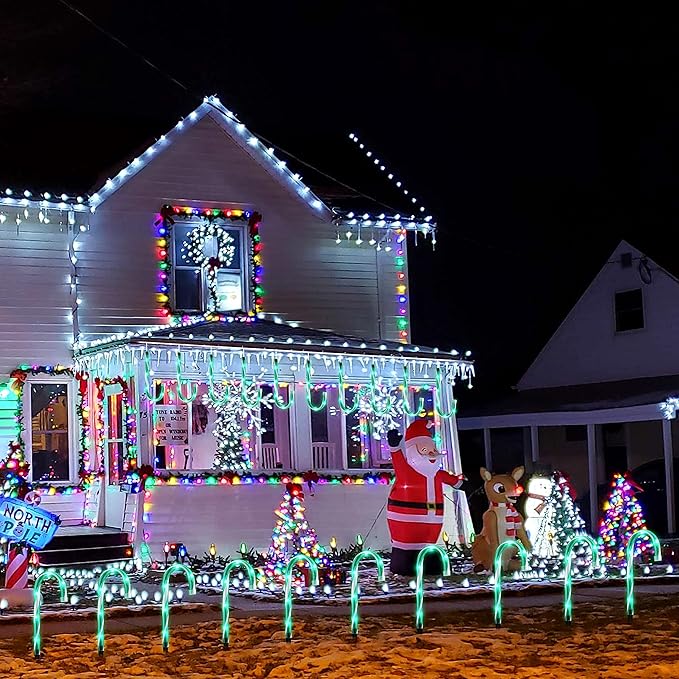 10" Christmas Candy Cane Lights - Set of 10 Pathway Markers Christmas Outdoor Yard Decorations, Green Xmas Candy Cane Stake Lights for Lawn, Walkway, Garden, Xmas Party Indoor Ornaments-BloomoryGarden