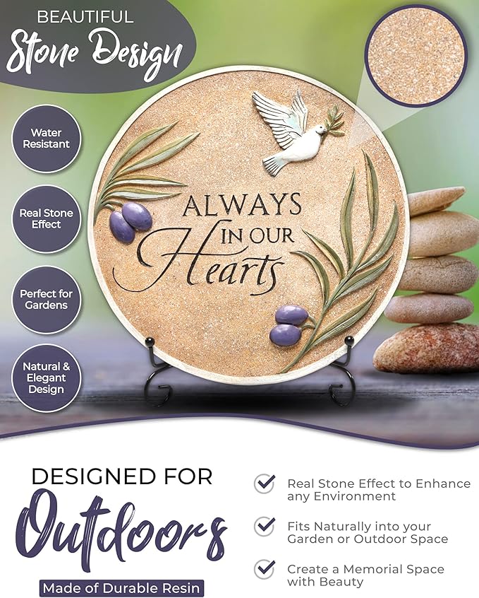 10-Inch Garden Memorial Stone with Included Plaque Stand & Sympathy Card, Memorial Plaques for Outdoors with Peace Dove Amongst Olive Branches, Memorial Stepping Stone for Loss of Loved One-BloomoryGarden