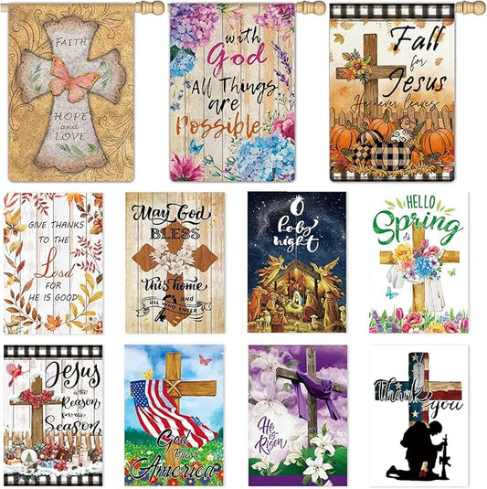 11 Pcs Christian Garden Flag Cross Yard Flags for All Season Christian Welcome Large 28 x 40 Inch Flags Double Sided Print Vertical House Flags Decorations for Home Outdoor Lawn-BloomoryGarden