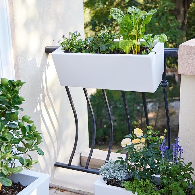 Glowpear Self Watering Railing Planter Box - 23.6", White - UV Stable, Scalable Plant Pot with Water Gauge, Indoor Outdoor for Vegetables, Flowers, Herbs, and Succulents-BloomoryGarden