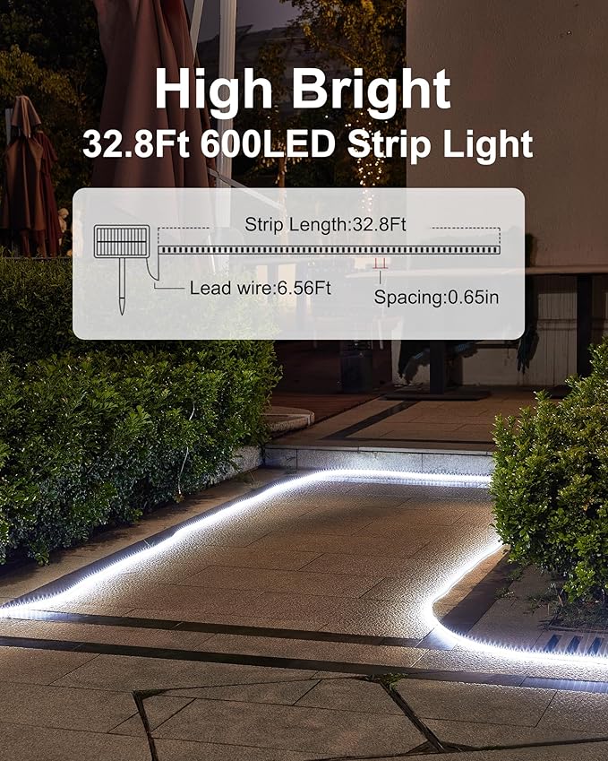 LUHLEE Solar LED Strip Lights, Upgrade Outdoor Rope Lights 8 Lighting Modes,IP65 Waterproof String Lights for Patio Yard Deck Porch Balcony Garden (White, 32.8 ft)-BloomoryGarden