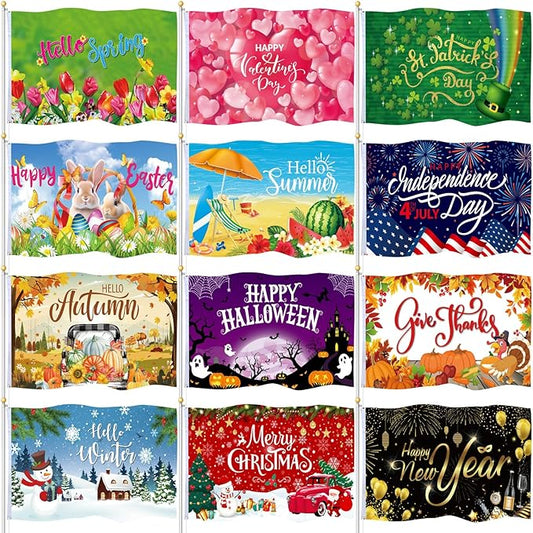 12 Pcs Seasonal Garden Flag 3 x 5 ft Yard Flags for Outside Double Sided Holiday Banner with Grommets for Spring Summer 4th of July Outdoor Banner Decorations-BloomoryGarden