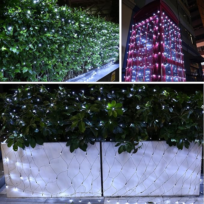 Lomotech 12ft x 5ft 360 LED Christmas Net Lights, 8 Modes Waterproof With Timer Low Voltage Connectable Mesh Lights for Trees, Bushes, Shurb, Garden, Outdoor Decoration(Green Wire, White)-BloomoryGarden