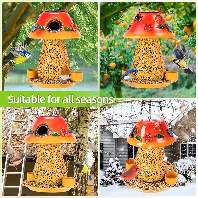 Mushroom Solar Bird Feeders for Outdoors Hanging Metal Wild Bird Feeder Garden Lantern with S Hook for Garden Decoration Orange-BloomoryGarden