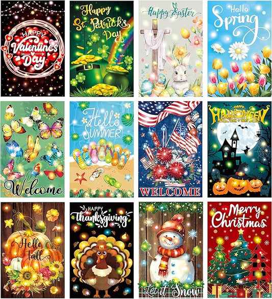 12 Pcs Solar Seasonal LED Garden Flags 12 x 18 Inch Double Sided Yard Flags Halloween Christmas Fall Thanksgiving Day Decorations Welcome Garden Holiday Yard Outside Lawn Decoration-BloomoryGarden