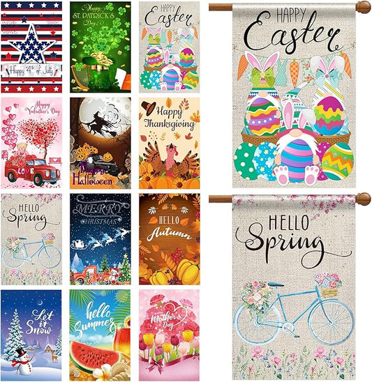 12 Pack 28 x 40 Inch Seasonal Spring Large Holiday Yard Flags Easter 4th of July Garden Lawn Double Sided Seasonal Flags Polyester Festive Set for Outdoor Decoration-BloomoryGarden