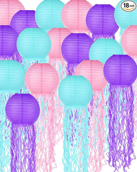 18 Pcs Jellyfish Paper Lanterns Mermaid Birthday Decorations Hanging Lantern Lamps for Ocean Theme Decor Under The Sea Party Supplies-BloomoryGarden