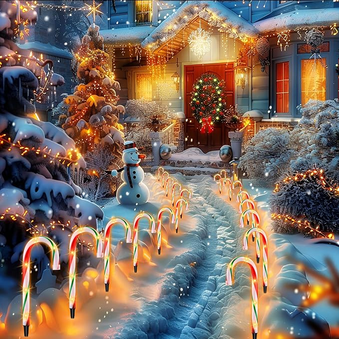 10" Christmas Candy Cane Pathway Lights, Set of 10 Pack Christmas Outdoor Decorations Candy Cane Lights Red & Green-BloomoryGarden