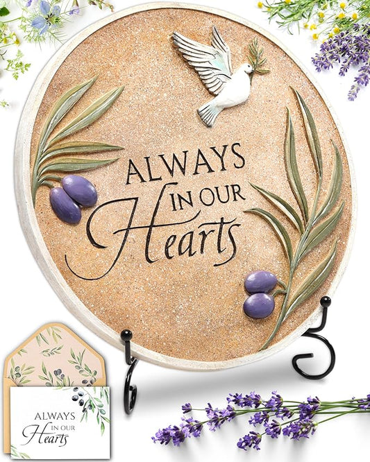 10-Inch Garden Memorial Stone with Included Plaque Stand & Sympathy Card, Memorial Plaques for Outdoors with Peace Dove Amongst Olive Branches, Memorial Stepping Stone for Loss of Loved One-BloomoryGarden