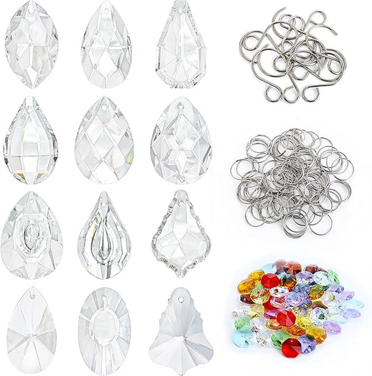 12Pcs Clear Crystal Suncatchers Prisms DIY Kit,Glass Suncatchers Hanging Crystals Ornament,Sun Catcher with Glass Beads,Prisms Rainbow Pendant for Window Home Office Garden Decoration-BloomoryGarden