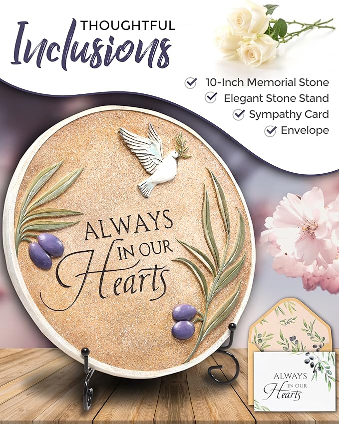 10-Inch Garden Memorial Stone with Included Plaque Stand & Sympathy Card, Memorial Plaques for Outdoors with Peace Dove Amongst Olive Branches, Memorial Stepping Stone for Loss of Loved One-BloomoryGarden