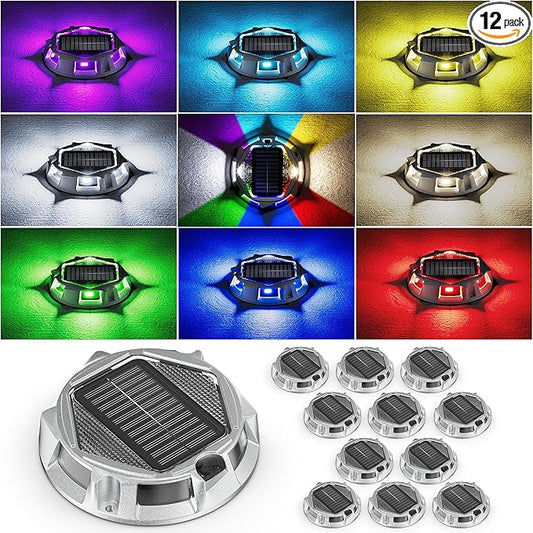 12Pack Aluminum Alloy Solar Driveway Lights, IP68 Solar Deck Light Marine Dock Lights Outdoor Waterproof, Multi-color LED Driveway Markers for Walkway, Path Decor [12Modes - Strobe/RGB/Fix-color]-BloomoryGarden