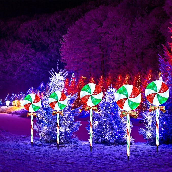10 Packs Christmas Pathway Lollipop Lights with Bow Tie Solar Powered Outdoor Waterproof Xmas Candy Cane Path Landscape Decorative Stake Lights 2 Solar Panel + 10 Lights-BloomoryGarden