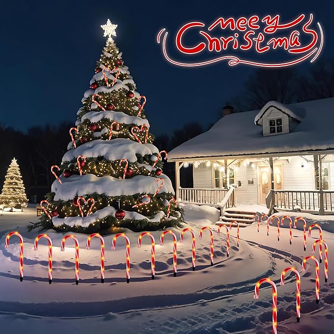 10" Christmas Candy Cane Lights - Set of 10 Pathway Markers Christmas Outdoor Yard Decorations, Xmas Candy Cane Stake Lights for Lawn, Walkway, Garden, Xmas Party Indoor Ornaments-BloomoryGarden