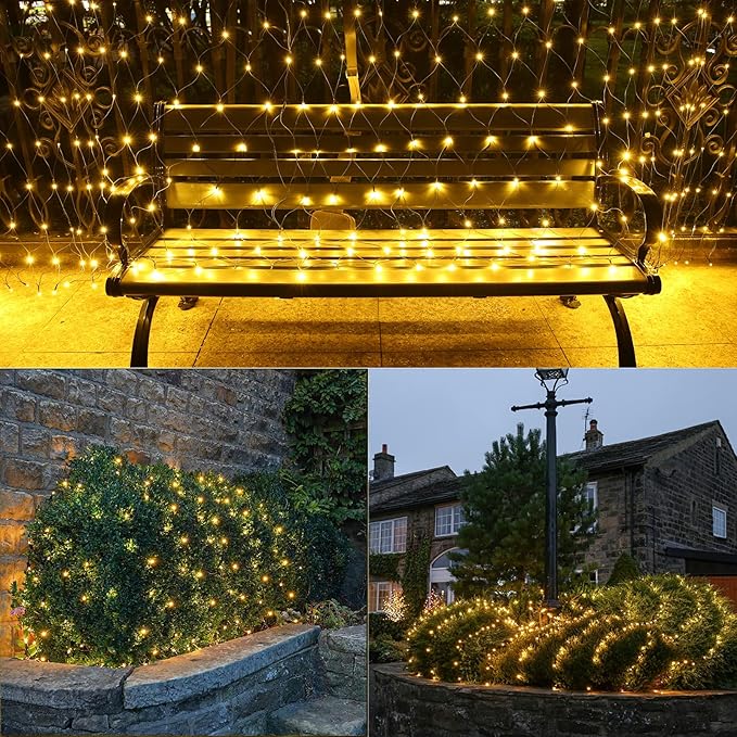 Lyhope 12ft x 5ft 360 LED Christmas Net Lights, 8 Modes Low Voltage Green Wire Mesh Christmas Decorations Lights for Xmas Trees, Bushes, Wedding, Garden, Outdoor, Indoor Decor (Warm White)-BloomoryGarden