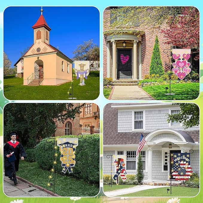 12 Set Seasonal Garden Flags 8 Modes Solar LED Double Sided 12 x 18 Inch Small Yard Flag Outdoor Lighted Spring Summer Easter Graduation Memorial Day Garden Decor for All Seasons, 12 Styles-BloomoryGarden