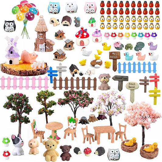 132pcs Fairy Garden Accessories Kit Miniature Animals,Tree,Fence,House Figurines Ornament Statue Craft for DIY Garden Micro Landscape Bonsai Dollhouse Decoration-BloomoryGarden
