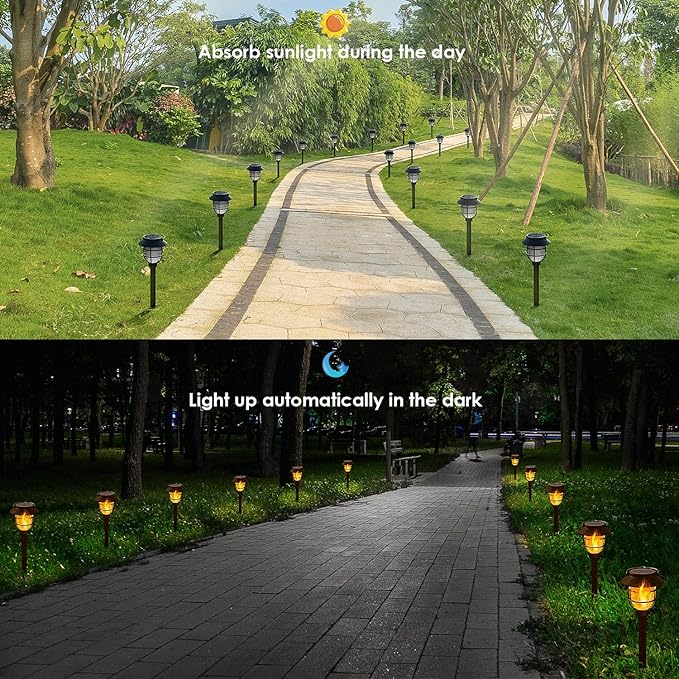 10 Pack Solar Pathway Lights Outdoor - Bright Solar Powered Garden Lights with Flickering Flame, Auto On/Off Waterproof Path Lights Decorative, Landscape Lighting for Yard Patio Walkway Driveway-BloomoryGarden