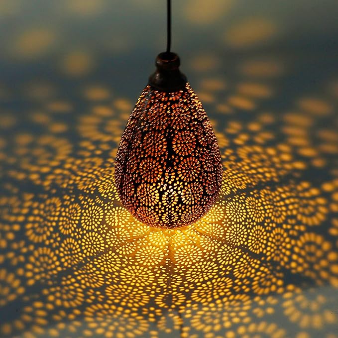 MAGGIFT 2 Pack Solar Hanging Lights, Solar Powered Decorative Retro Lantern with Handle, Warm White LED Christmas Garden Boho Flower Lights, Metal Drop Shape Waterproof Outdoor Yard Tree Fence Patio-BloomoryGarden