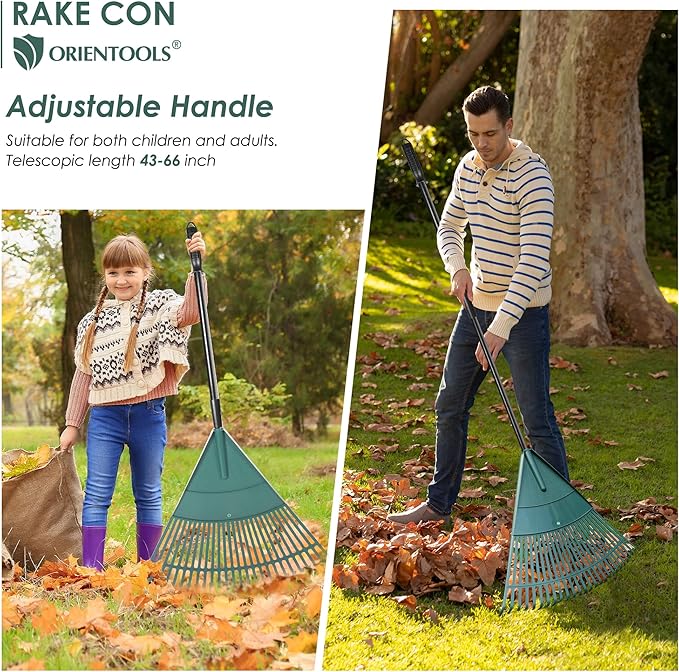ORIENTOOLS Garden Leaf Rake, Garden Rakes for Lawns Leaves with 47-65" Adjustable Black Handle Rake, 26 Strong Tines Plastic Head Shrub Rake, Yard Garden Rake for Lawns, Flower Beds Leaves Cleaning-BloomoryGarden