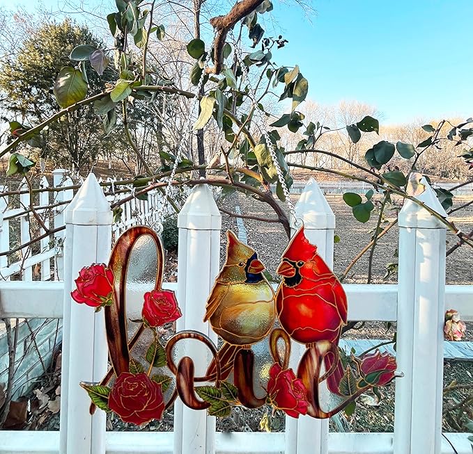 Love with Red Cardinal Suncatcher Red Bird Stained Glass Suncatchers Window Hanging Ornament for Home Decor for Valentine's Day Mother's Day Women Mom Birds Lovers Friends (Love)-BloomoryGarden