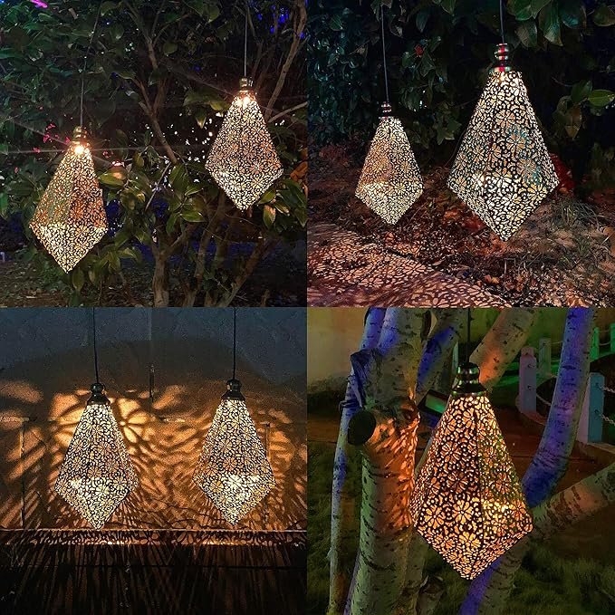 MAGGIFT 2 Pack Solar Hanging Lights, Solar Powered Retro Lantern with Handle, Warm White LED Christmas Garden Lights, Metal Diamond Shape Lamp Waterproof for Outdoor for Yard Tree Fence Patio-BloomoryGarden