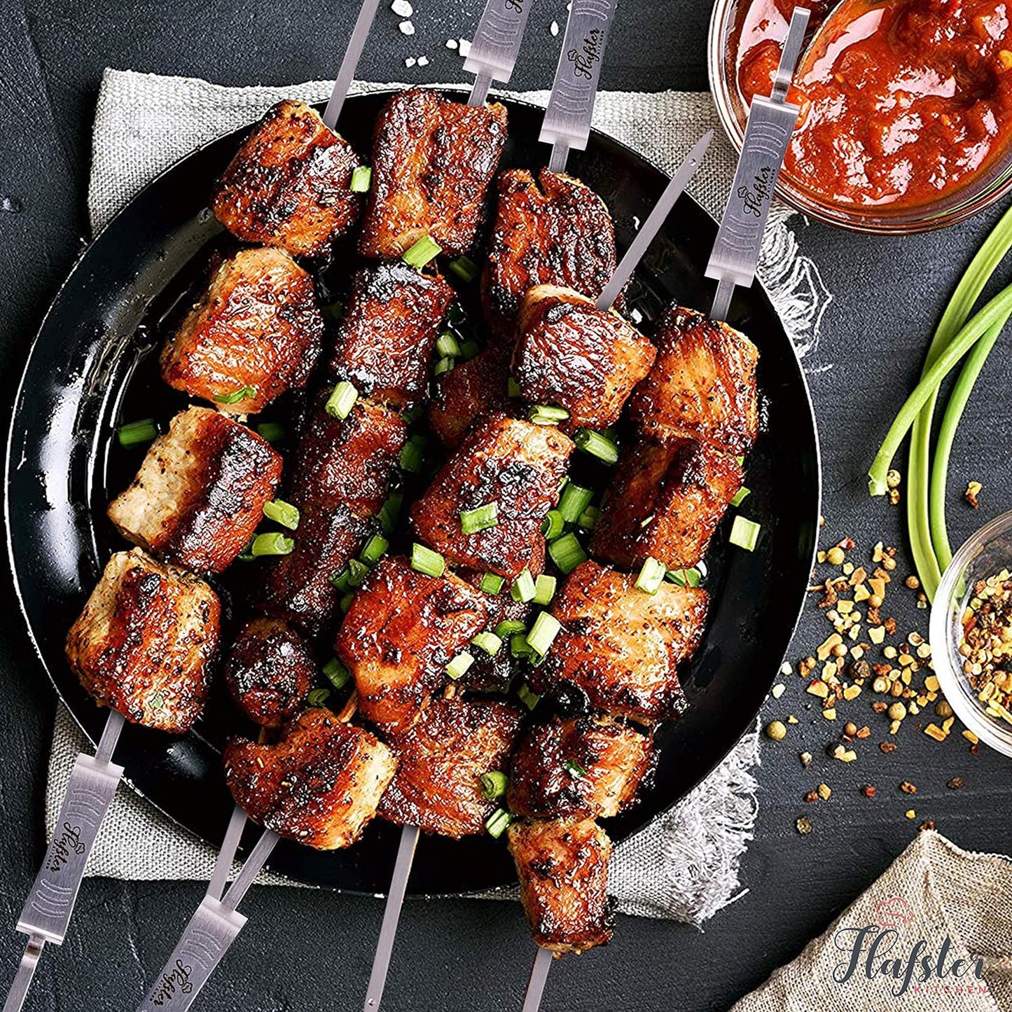 "FLAFSTER KITCHEN BBQ Skewers for Grilling - 16" Stainless Steel Flat Kebab Sticks with Push Bar, Reusable Metal Shish Kabob Skewers, Set of 6"-BloomoryGarden