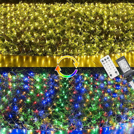 12ft x 5ft 360 LED Christmas Net Lights, 11 Modes 30V Christmas Net Lights, Warm White-Multi Color Changing Mesh Decorative Net Lights for Xmas Tree Bush Wedding Garden Outdoor Indoor Decor-BloomoryGarden
