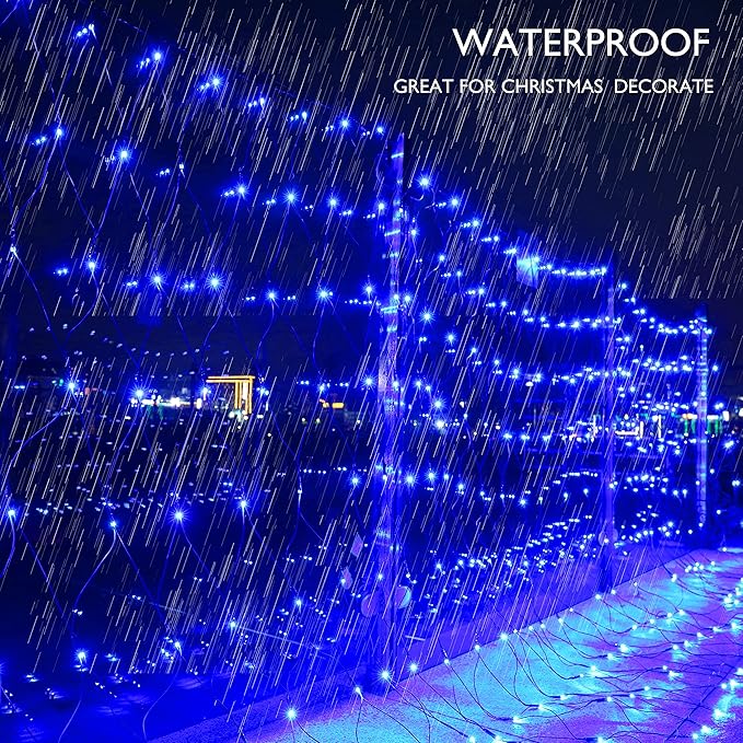 Lomotech 12ft x 5ft 360 LED Christmas Net Lights, 8 Modes Waterproof With Timer Low Voltage Connectable Mesh Lights for Trees, Bushes, Shurb, Garden, Outdoor Decoration(Green Wire, Blue)-BloomoryGarden